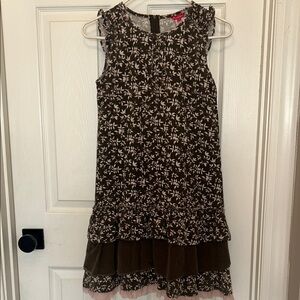 Deux par deux Girls Brown/Pink Floral Ruffle Hem Dress